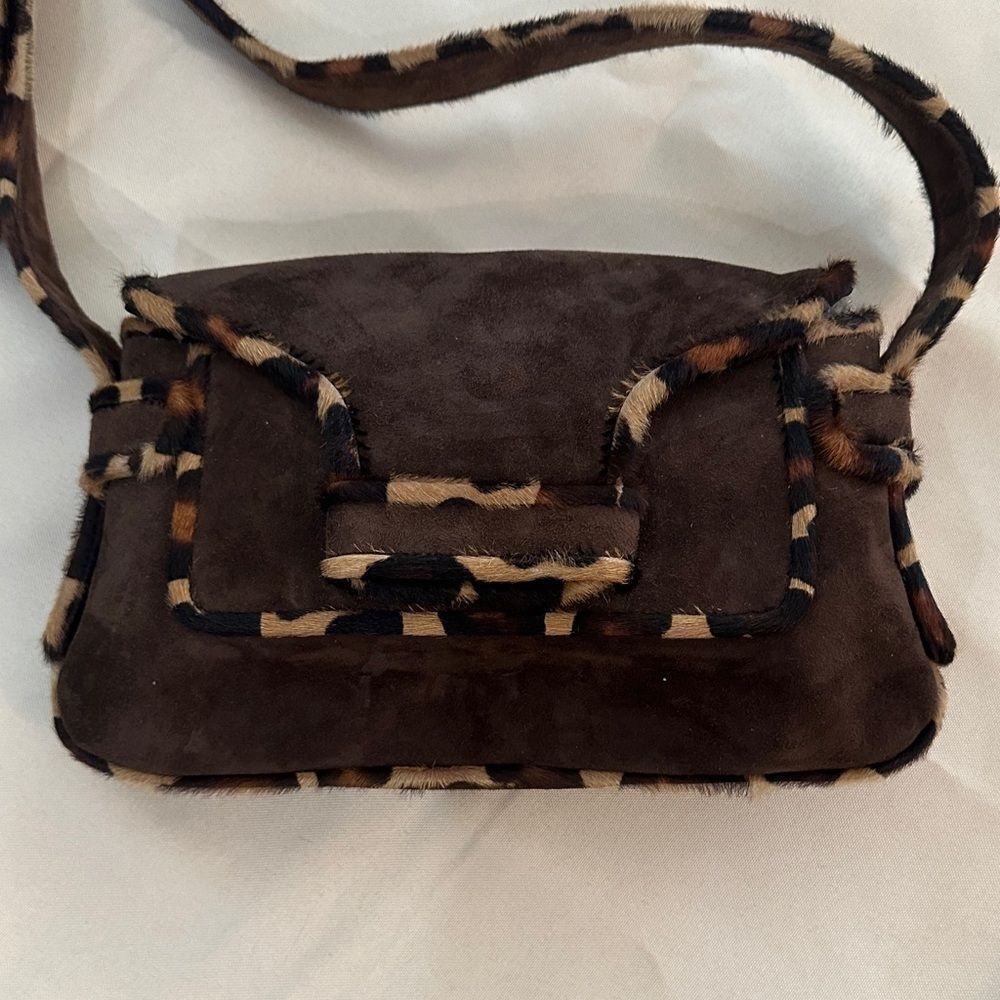 VAN ELI Purse - Dark Brown Suede Crossbody Purse w/ Leopard Trim